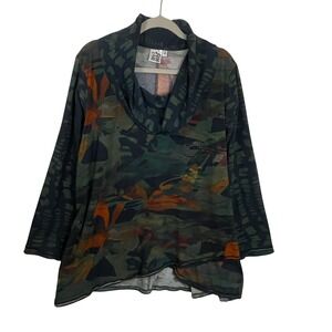 Parsley & Sage Women 1X Abstract Camo Cowl Neck Tulip Hem Tunic Top Green Rust
